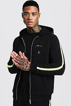 Boohoo Man Signature Zip Through Hoodie With Neon Tape