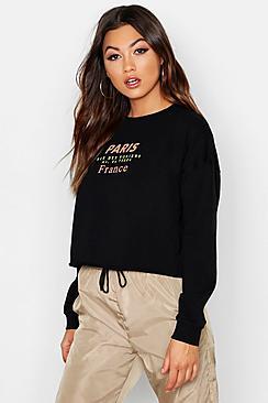 Boohoo Paris Slogan Print Embroidered Sweat