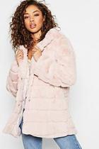 Boohoo Hooded Panelled Faux Fur Coat