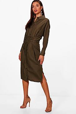 Boohoo Olivia Corset Lace Up Waist Midi Shirt Dress