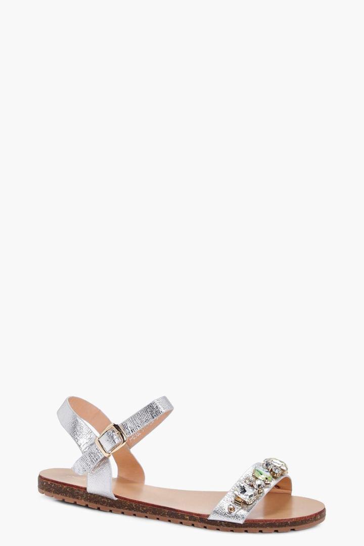 Boohoo Amy Embellished Footbed Sandal Silver