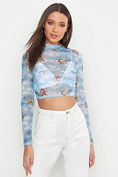 Boohoo Tall Cherub Print Mesh Crop Top