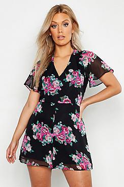 Boohoo Plus Floral Print Wrap Front Playsuit