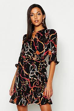 Boohoo Tall Chain Print Ruffle Tea Dress
