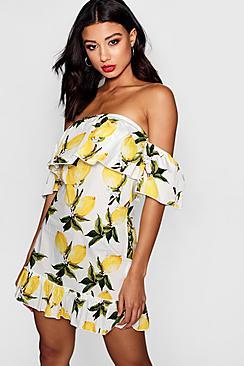 Boohoo Rosy Off The Shoulder Tropical Print Shift Dress