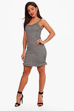Boohoo Grace Dogtooth Ruffle Hem Bodycon Dress