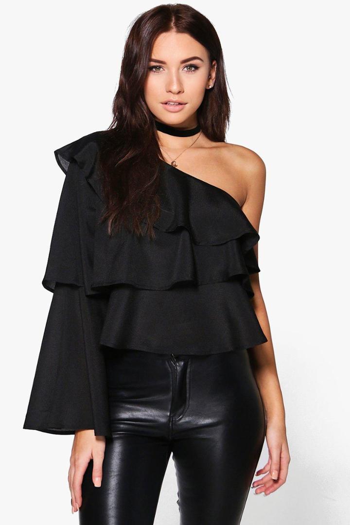 Boohoo Orla One Shoulder Ruffle Top Black