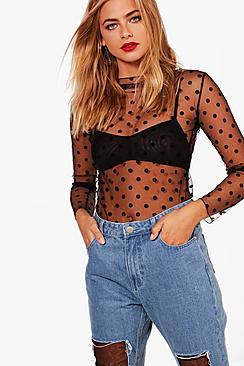Boohoo Katie Spot Mesh Sheer Top