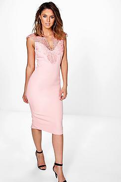 Boohoo Coral Crochet Top Panel Midi Bodycon Dress