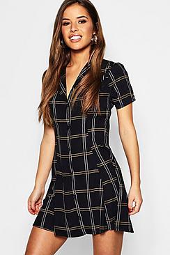 Boohoo Petite Checked Button Front Tea Dress