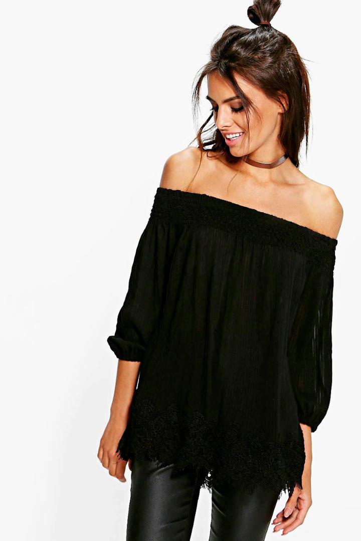 Boohoo Cara Pleated Chiffon Lace Trim Bardot Top Black