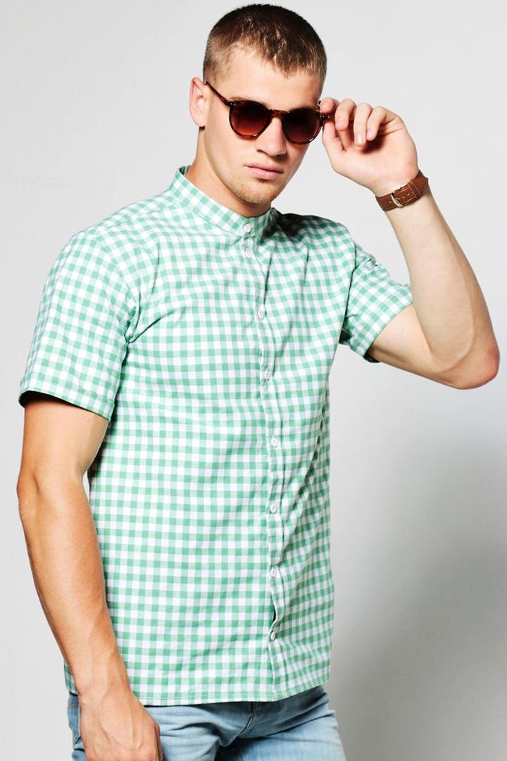Boohoo Gingham Short Sleeve Grandad Collar Shirt Green