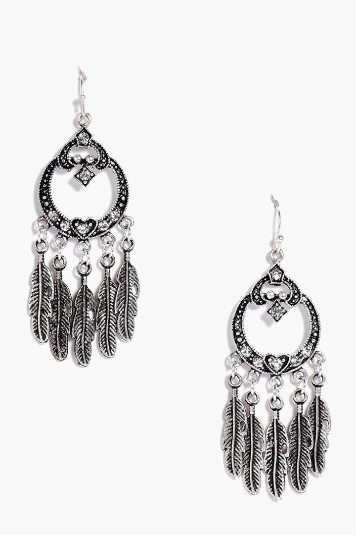 Boohoo Saskia Engraved Leaf Drop Statement Earrings Silver