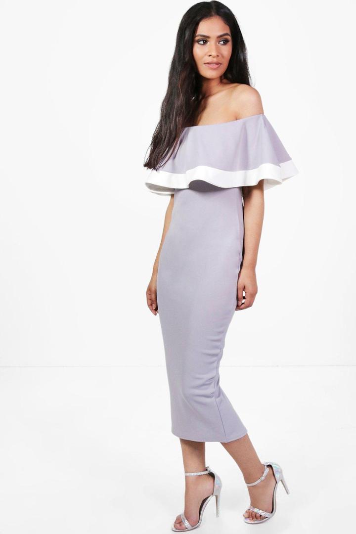 Boohoo Bea Tipping Detail Frill Bardot Midi Dress Ice