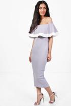 Boohoo Bea Tipping Detail Frill Bardot Midi Dress Ice