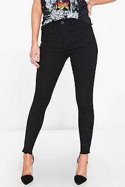Boohoo Petite Eve High Rise Embroidered Hem Skinny Jean
