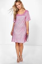 Boohoo Plus Claire Crinkle Foil Pleat Shift Dress Pink