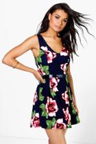 Boohoo Polly Floral Skater Dress With Ribbon Belt Navy