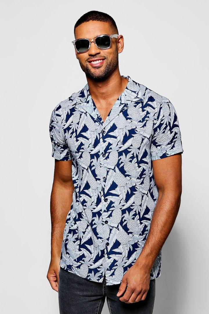 Boohoo Blue Pineapple Print Short Sleeve Revere Shirt Blue