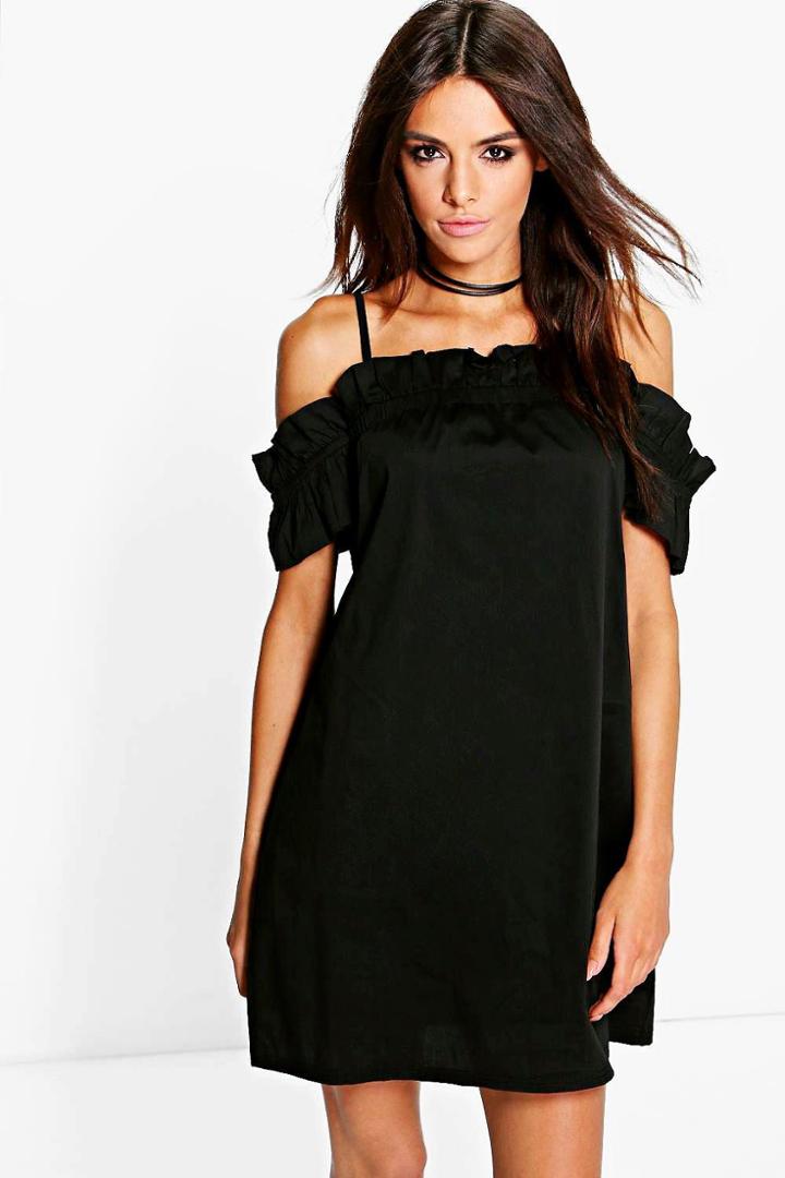 Boohoo Fi Ruched Strappy Off Shoulder Shift Dress Black