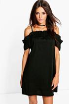 Boohoo Fi Ruched Strappy Off Shoulder Shift Dress Black