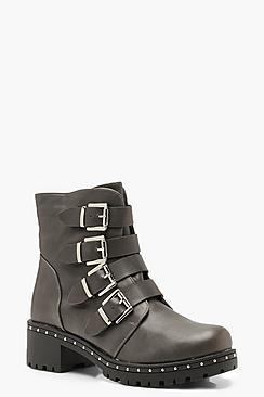 Boohoo Chunky Sole Buckle Detail Biker Boots