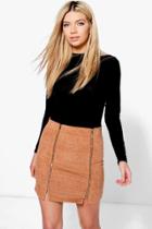 Boohoo Brea Double Zip Front Cord Mini Skirt Tan