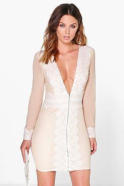 Boohoo Boutique Ara Lace Trim Zip Front Bodycon Dress