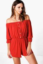Boohoo Katie Button Front Ruffle Sleeve Playsuit Rust