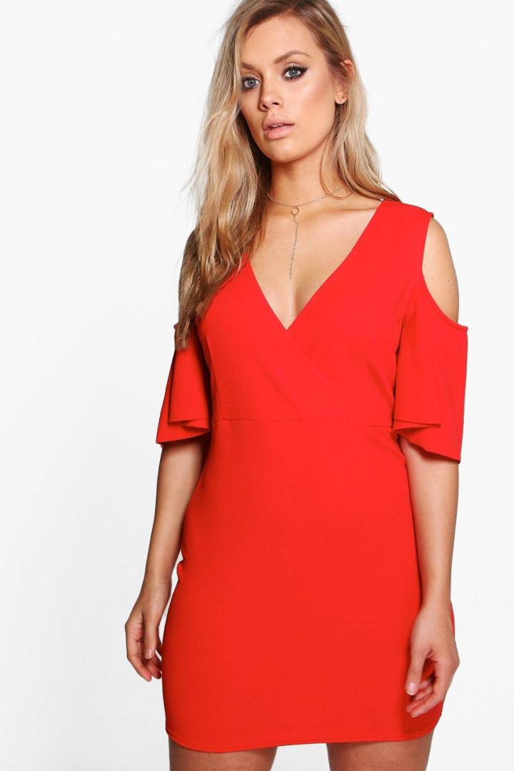 Boohoo Plus Elle Cold Shoulder Bell Sleeve Bodycon Dress Red