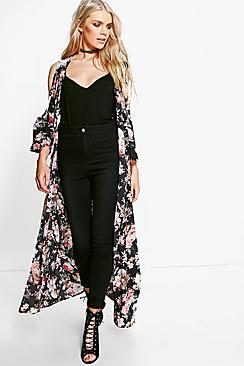 Boohoo Faye Cold Shoulder Maxi Floral Kimono