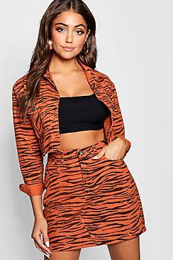 Boohoo Tiger Print Cropped Denim Jacket