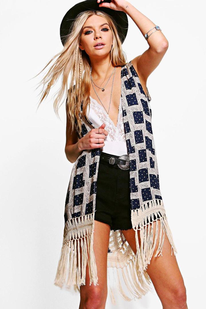 Boohoo Abigail Crochet Back & Tassel Hem Kimono Navy