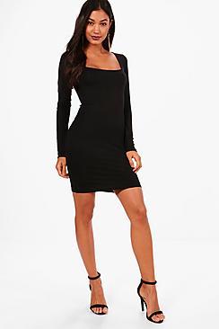 Boohoo Square Neck Long Sleeve Bodycon Dress