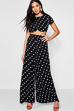 Boohoo Tana Spot Ruche Sleeve And Trouser Co-ord