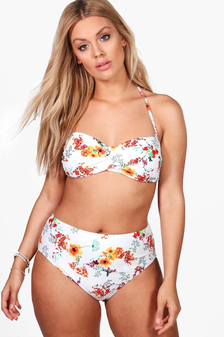 Boohoo Plus Alexis Twist Bandeau Floral High Waist Bikini Multi