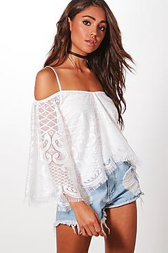 Boohoo Tabitha Lace Cold Shoulder Flare Sleeve Crop