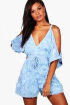 Boohoo Boutique Kim Texture Open Shoulder Playsuit Blue