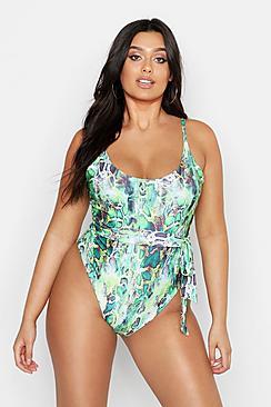 Boohoo Plus Neon Snake Belted Swimsuit