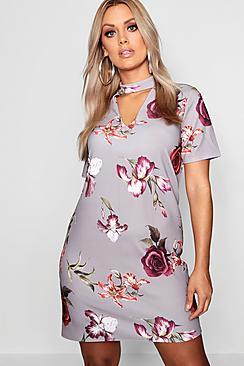 Boohoo Plus Floral Choker Detail Shift Dress