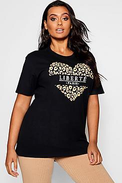 Boohoo Plus Leopard Liberte Paris Slogan T-shirt