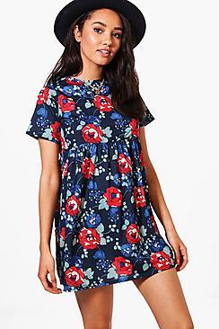 Boohoo Petite Kara 3/4 Sleeve Smock Dress