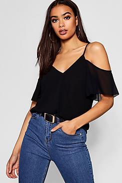 Boohoo Cold Shoulder Wrap Front Top Blouse