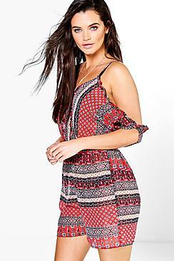 Boohoo Holly Boho Print Cold Shoulder Beach Playsuit