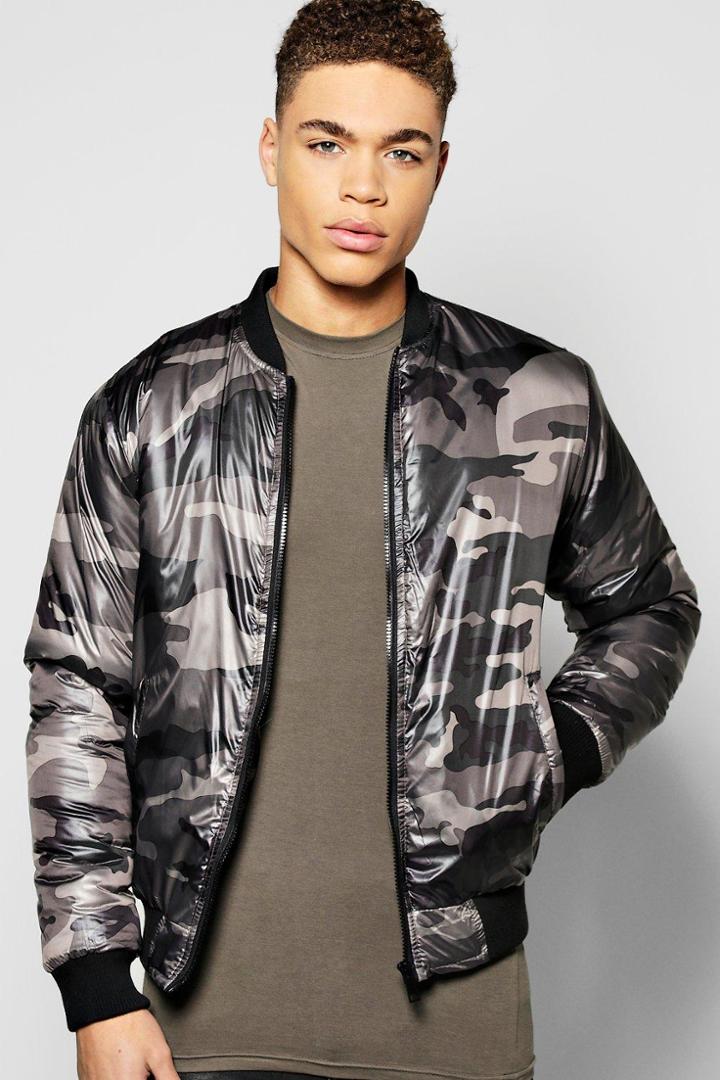 Boohoo Diamond Quilted Padded Camo Bomber Jacket Grey