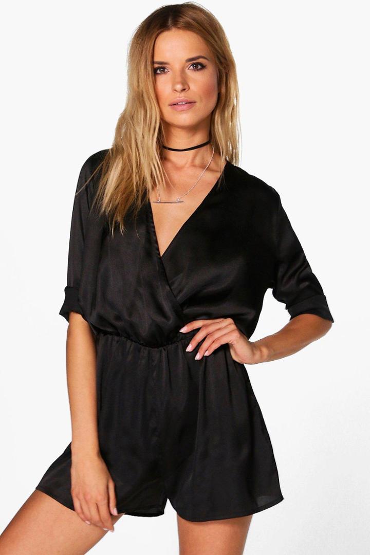 Boohoo Jennifer Satin Playsuit Black