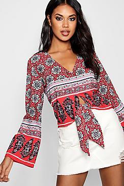 Boohoo Annie V Neck Tie Front Flared Sleeve Top