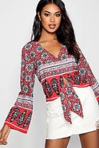 Boohoo Annie V Neck Tie Front Flared Sleeve Top