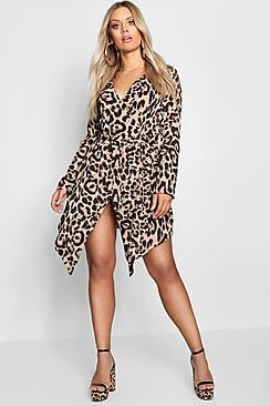 Boohoo Plus Leopard Print Wrap Button Dress