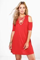 Boohoo Plus Kirsty Ribbed Cold Shoulder Dress Rust